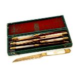 Cased Set of Six French Mother of Pearl Handled Silver Gilt Dessert Knives {Length 7 3/4 inches}