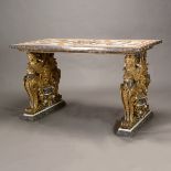 Massive Italian Scagliola Figural Console Table, the outswept variegated pietra dura top with