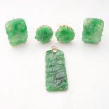 Collection of Three Jade, Yellow Gold Jewelry Items. Including one carved and pierced jadeite plaque