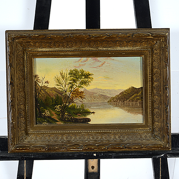 AMERICAN SCHOOL (19th century) "Landscape" Oil on canvas. 6 1/4 x 9 1/2 inches; Frame: 10 7/8 x 14 - Image 4 of 5