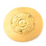 Ancient Gold Disc, 14k Yellow Gold Brooch. Centering one ancient gold sun disc measuring