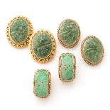 Collection of Three Pairs of Asian Jade, Silver-Gilt Earrings. Including one pair of carved and