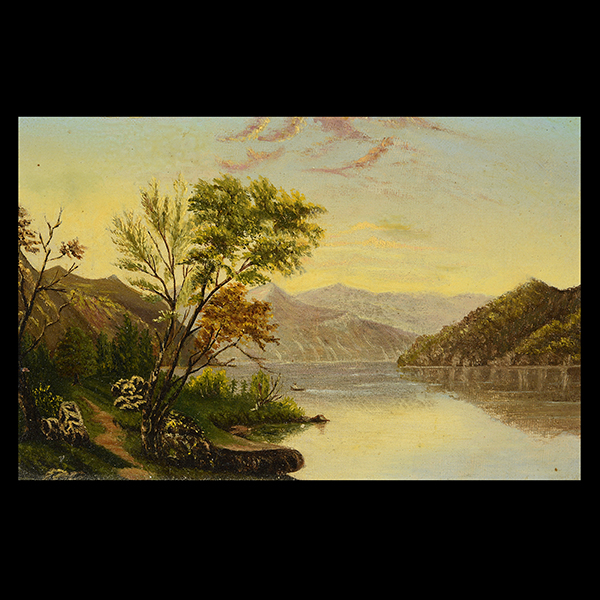 AMERICAN SCHOOL (19th century) "Landscape" Oil on canvas. 6 1/4 x 9 1/2 inches; Frame: 10 7/8 x 14