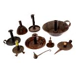 Collection of Eight Tole, Cast Iron, or Pewter Candlestands and Betty Lamps, and a Snuffer {Height