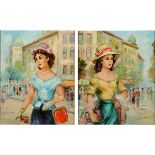 FRENCH SCHOOL (20th century) "Woman with Scarf" and "Woman with Flowers" Oils on canvas. Both