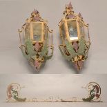 Pair of Polychrome Painted Wrought Iron and Tole Hanging Lanterns, with wall brackets {Height of