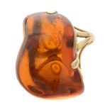 Amber, 14k Yellow Gold Ring. Featuring a large amorphous amber segment measuring approximately 36