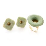 Mayan Ear Flare Hardstone, 14k Yellow Gold Jewelry Suite. Including one pair of carved hardstone