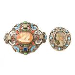 Collection of Two Shell Cameo, Painted Portrait Miniature, Enamel, Hardstone, Sterling Silver,