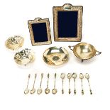 Two Velvet Sterling Mounted Picture Frames, Together with a pair of 900 silver foliate bowls on