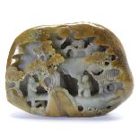 A Carved Jadeite Boulder Of large pebble shape, carved to one side with two scholars. {Width: 8 3/