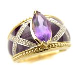 Amethyst, Diamond, Enamel, 14k Yellow Gold Ring. Centering one marquise-cut amethyst weighing