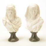 Pair of Italian Carrara Marble Busts of an Arab Man and Woman, unmarked {Height of tallest 12 1/2