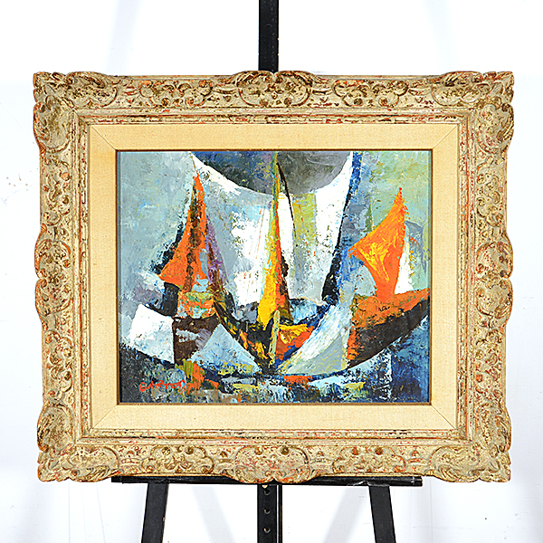 AMERICAN SCHOOL (Mid 20th century) "Abstract Boats" Oil on canvas. 16 1/4 x 20 1/8 inches; Frame: 25 - Image 4 of 5