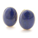 Pair of Lapis Lazuli, 18k Yellow Gold Earrings. Each featuring one oval lapis lazuli cabochon