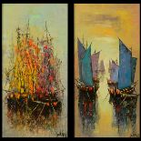 LUC VERGER (European 20th century) "Abstract Sail Boats" and "Junks in Harbor" Oil on canvas. Both