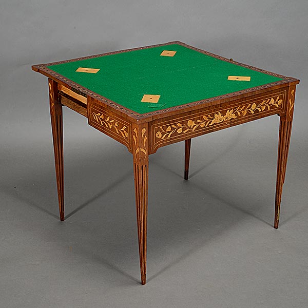 Continental Walnut Marquetry Card Table, opening to reveal tromp l'oeil four cards in corners, - Image 3 of 5