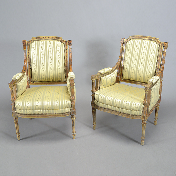 Pair of Louis XVI Style Yellow Silk Upholstered Armchairs