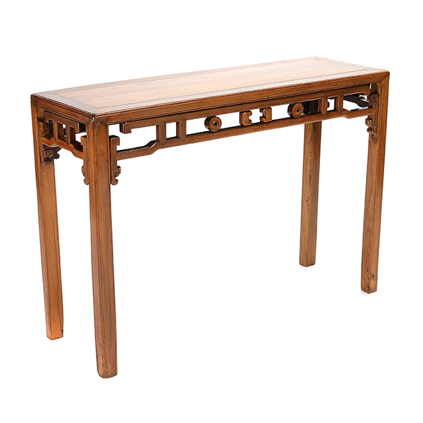 An Elmwood Side Table The slender rectangular table with latticework aprons featuring rings and '