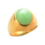 Jade, 14k Yellow Gold Ring. Featuring one oval jadeite cabochon measuring approximately 12.6 x 10.