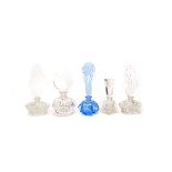 Five Art Deco Glass Perfume Bottles, Including a pair with frosted daffodil stoppers (one with