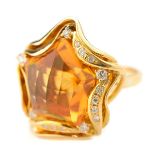 Citrine, Diamond, 18k Yellow Gold Ring. Centering one faceted-topped, pentagon shaped fancy-cut