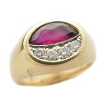 Ruby, Diamond, 14k Yellow Gold Ring. Featuring one half moon-cut ruby weighing approximately 1.50