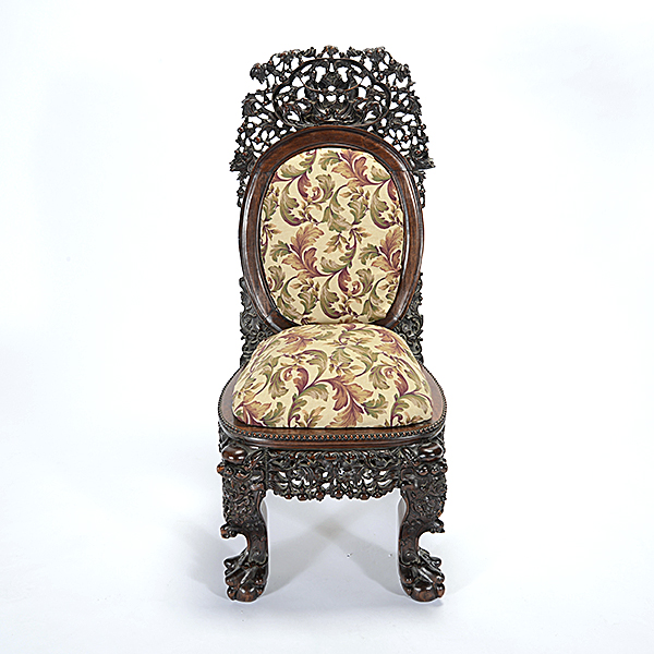 A Chinese Export Rosewood Side Chair Heavily carved in openwork with a pair of figures and deer - Image 2 of 5