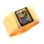 Enamel, 18k Yellow Gold Ring. Featuring purple, blue, burgundy, cream, teal, green, pink, gold and