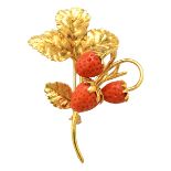 *Coral, 18k Yellow Gold Strawberry Brooch. Designed as a bunch of strawberries with leaves,