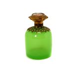 French Gilt Metal Mounted Green Glass Perfume Bottle, with hand-colored miniature mounted lid