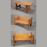 Three Piece Rustic Garden Furniture Set, Including two benches and a table