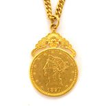 Gold Coin, 24k Yellow Gold, Gold-Filled Pendant Necklace. Featuring one Lady Liberty 1897 $10 gold