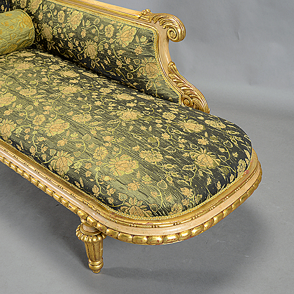 Italian Gilt Painted Chaise Lounge, with green floral upholstery and bolster pillow - Image 3 of 4