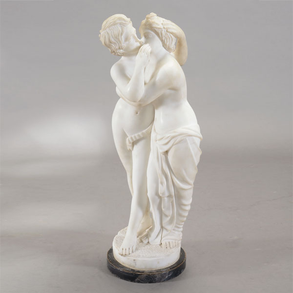 Italian Carrara Marble Figure of Lovers, on black marble base