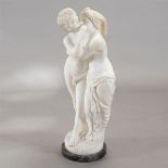 Italian Carrara Marble Figure of Lovers, on black marble base