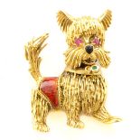 Enamel, Ruby, Emerald, 18k Yellow Gold Dog Brooch. The 18k yellow gold brooch designed as a