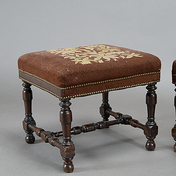 Pair of Jacobean Style Turned Oak Benches with Needlepoint Upholstery Seats and Brass Tack Banding - Image 3 of 5