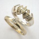 Collection of Two Diamond, 14k White Gold Rings. Including one marquise-cut diamond, baguette-cut