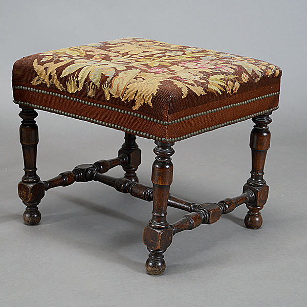 Pair of Jacobean Style Turned Oak Benches with Needlepoint Upholstery Seats and Brass Tack Banding - Image 2 of 5