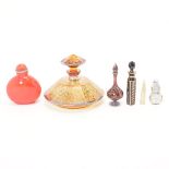 Five Art Deco Perfume Bottles and a Snuff Bottle, Comprising one amber glass bottle with silver