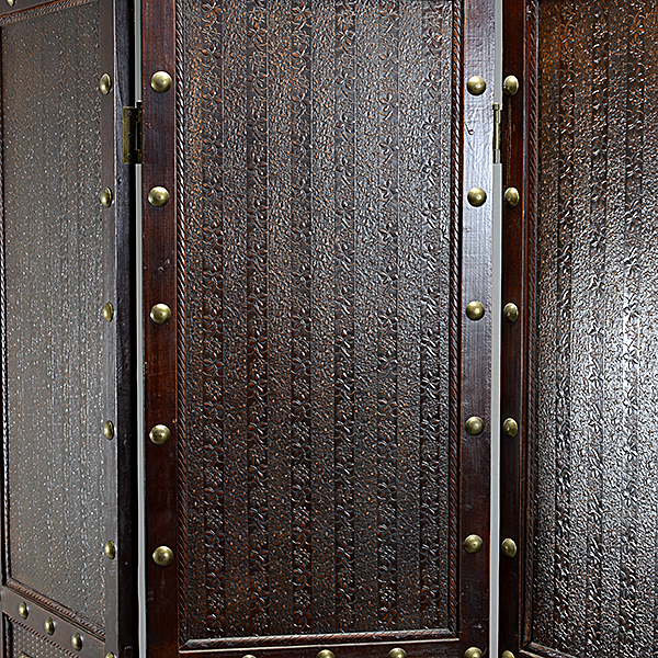Portuguese Style Four Panel Embossed Faux Leather Screen - Image 3 of 5