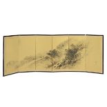 A Six-Panel Japanese Screen, Signed 'Keisui' Depicting a figure carrying two bundles on his back