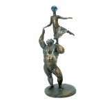 Botero Style Bronze Figural Group of a Weight Lifter and Female Dancer