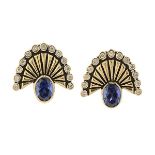 Pair of Erte` Synthetic Sapphire, Diamond, 14k Yellow Gold Earrings. Each featuring one oval-cut