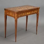 Continental Walnut Marquetry Card Table, opening to reveal tromp l'oeil four cards in corners,
