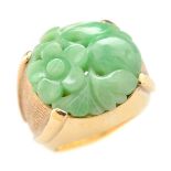 Jade, 10k Yellow Gold Ring. Featuring one round carved and pierced jadeite segment measuring