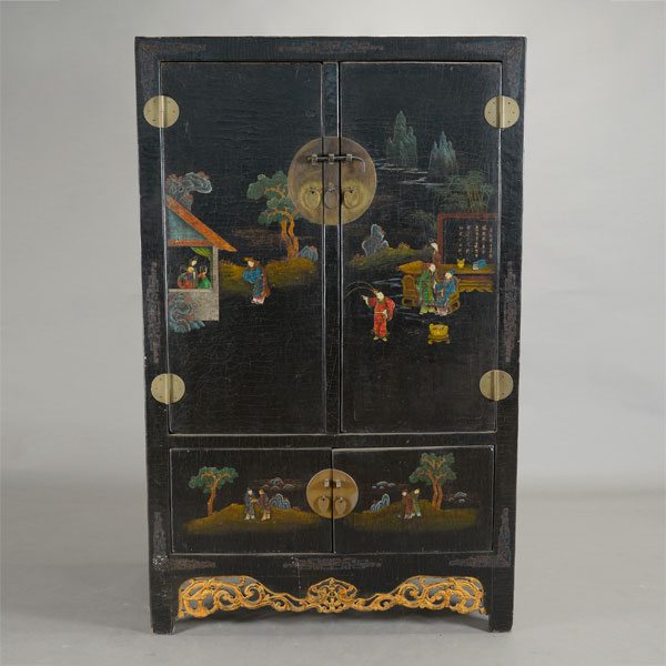 A Polychrome Painted Two Door Cabinet The two sets of doors painted with figural landscapes