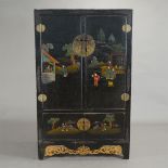 A Polychrome Painted Two Door Cabinet The two sets of doors painted with figural landscapes