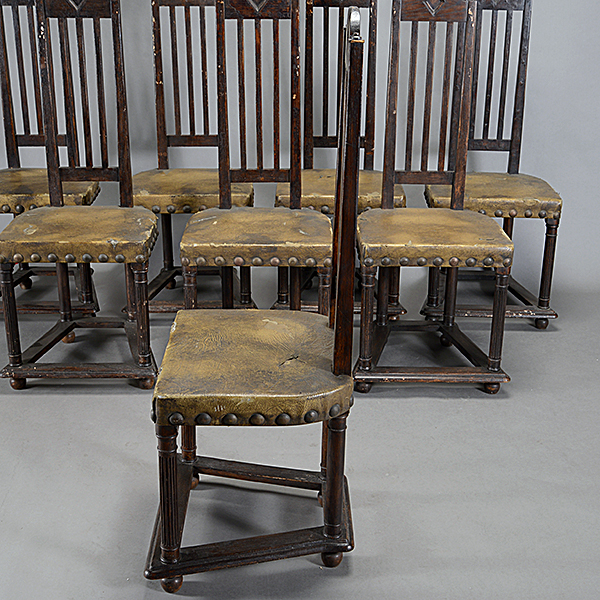 Set of Eight High Back Ebonized Chairs with Leather Upholstery - Image 4 of 4